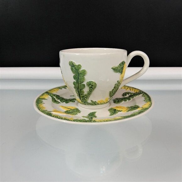 Vintage Italian Cup And Saucer Set Green Garden Ferns And Flower Bud Cottagecore - Picture 3 of 12